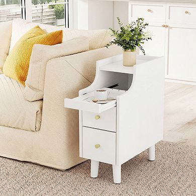 Narrow Bedside Table with Storage Drawers and Built In Cable Management