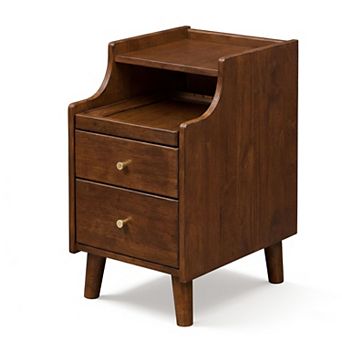 2-Drawer Slim Nightstand Pull-Out Tray Cable Management Bedside Table Rubber Wood