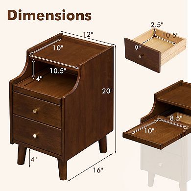 2-Drawer Slim Nightstand Pull-Out Tray Cable Management Bedside Table Rubber Wood