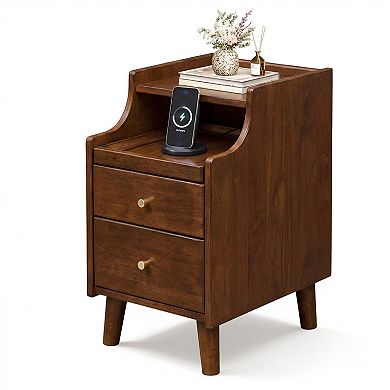 2-Drawer Slim Nightstand Pull-Out Tray Cable Management Bedside Table Rubber Wood