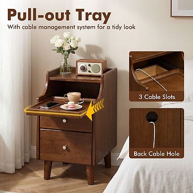 2-Drawer Slim Nightstand Pull-Out Tray Cable Management Bedside Table Rubber Wood
