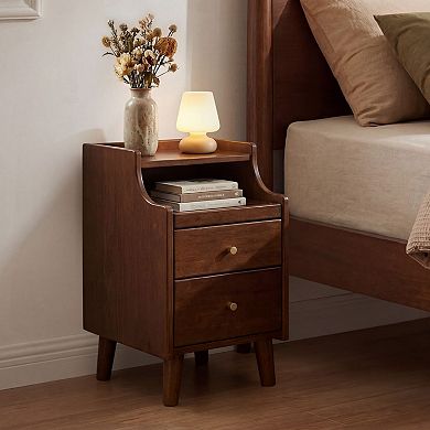 2-Drawer Slim Nightstand Pull-Out Tray Cable Management Bedside Table Rubber Wood