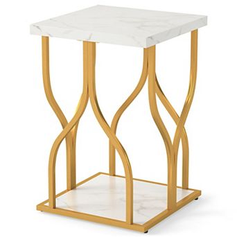 Faux Marble Side Table with Metal Frame and Storage Shelf
