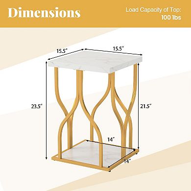 Faux Marble Side Table with Metal Frame and Storage Shelf
