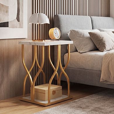 Faux Marble Side Table with Metal Frame and Storage Shelf