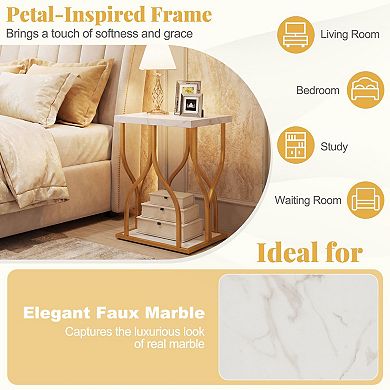 Faux Marble Side Table with Metal Frame and Storage Shelf