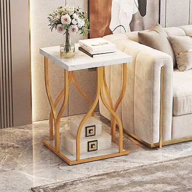 Faux Marble Side Table with Metal Frame and Storage Shelf