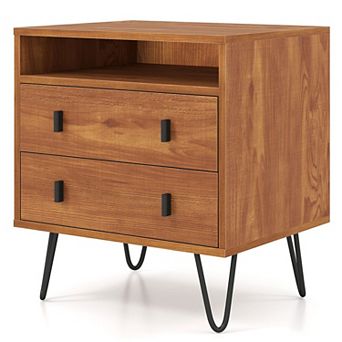 Mid Century Nightstand 2-Drawer Storage Table Open Shelf Living Room Side Table