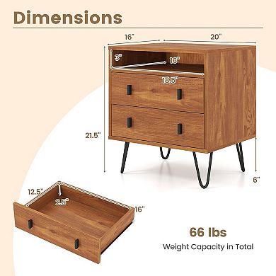 Mid Century Nightstand 2-Drawer Storage Table Open Shelf Living Room Side Table