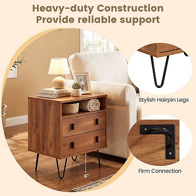 Mid Century Nightstand 2-Drawer Storage Table Open Shelf Living Room Side Table