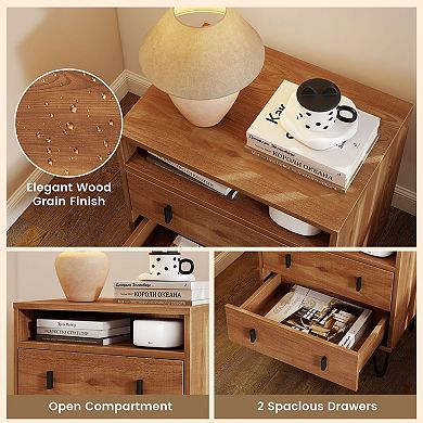 Mid Century Nightstand 2-Drawer Storage Table Open Shelf Living Room Side Table