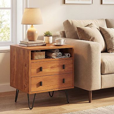 Mid Century Nightstand 2-Drawer Storage Table Open Shelf Living Room Side Table