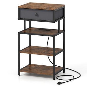 Nightstand with Charging Station USB Type-C AC Outlets 4 tier Storage Shelves Fabric Drawer