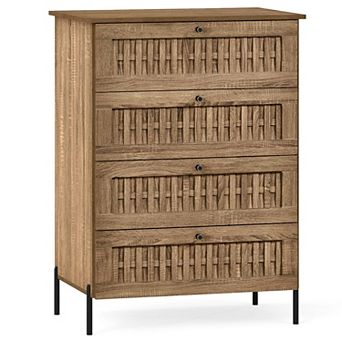 4-Drawer Storage Dresser Rattan Front Bedroom Office Organizer Engineered Wood Metal Legs