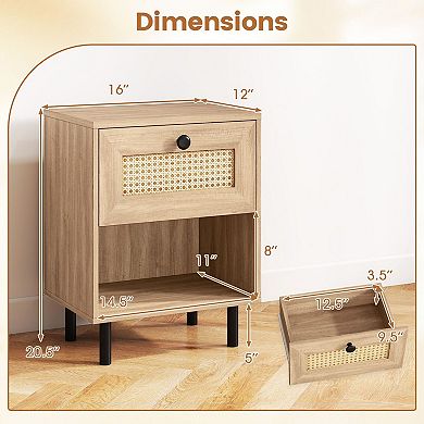 Small Side Table with Rattan Front Drawer for Bedroom Living Room