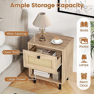 Small Side Table with Rattan Front Drawer for Bedroom Living Room