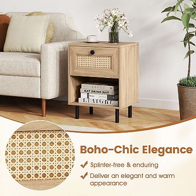 Small Side Table with Rattan Front Drawer for Bedroom Living Room