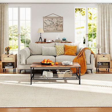 Small Side Table with Rattan Front Drawer for Bedroom Living Room