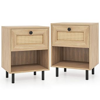 Small Side Table with Rattan Front Drawer for Bedroom Living Room