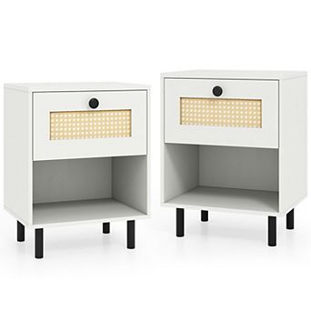 Small Side Table with Rattan Front Drawer for Bedroom Living Room