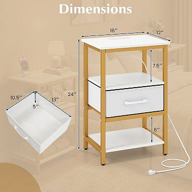 Small Side Table with Charging Station and Removable Fabric Drawer