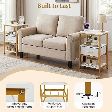 Small Side Table with Charging Station and Removable Fabric Drawer