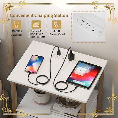 Small Side Table with Charging Station and Removable Fabric Drawer