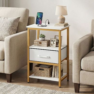 Small Side Table with Charging Station and Removable Fabric Drawer