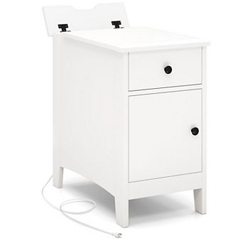 Bedroom Nightstand with Flip Top Charging Station and Storage Drawer