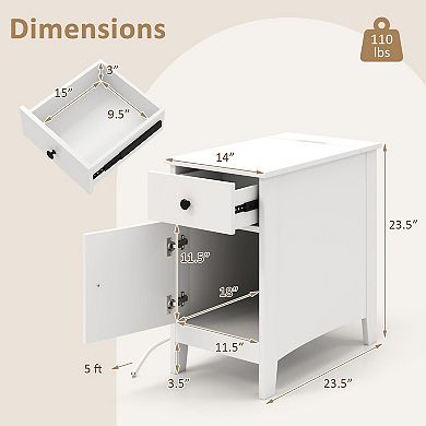 Bedroom Nightstand with Flip Top Charging Station and Storage Drawer