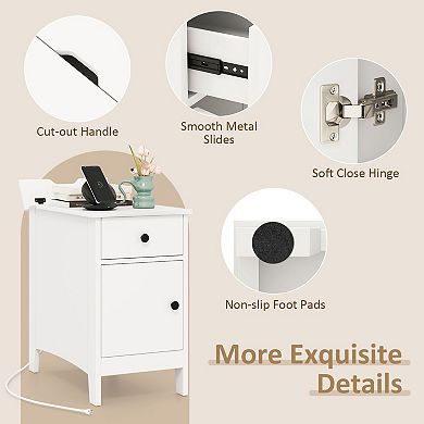 Bedroom Nightstand with Flip Top Charging Station and Storage Drawer