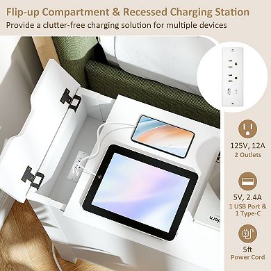 Bedroom Nightstand with Flip Top Charging Station and Storage Drawer