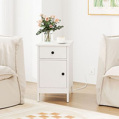 Bedroom Nightstand with Flip Top Charging Station and Storage Drawer