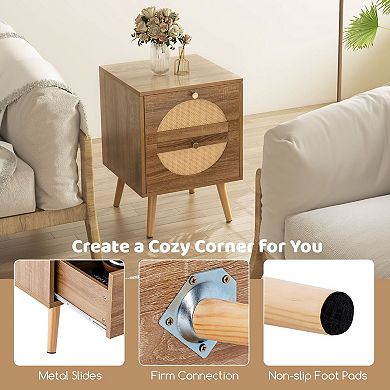 2 Drawer Nightstand with Rattan Style Front and Pine Wood Legs