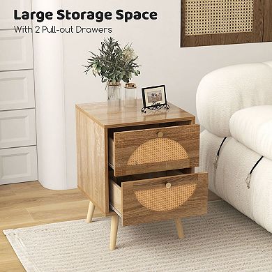 2 Drawer Nightstand with Rattan Style Front and Pine Wood Legs