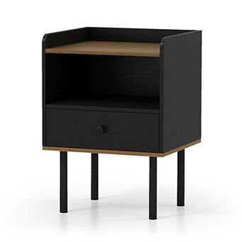 Small Nightstand with Raised Shelf and Drawer Storage for Bedroom