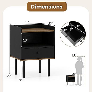 Small Nightstand with Raised Shelf and Drawer Storage for Bedroom