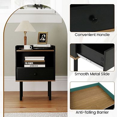 Small Nightstand with Raised Shelf and Drawer Storage for Bedroom