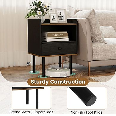 Small Nightstand with Raised Shelf and Drawer Storage for Bedroom
