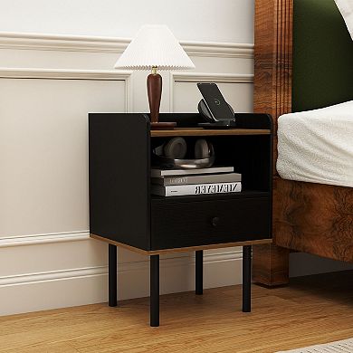 Small Nightstand with Raised Shelf and Drawer Storage for Bedroom
