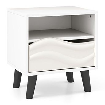 Modern End Table with Wavy Drawer Design Open Shelf Storage White Nightstand