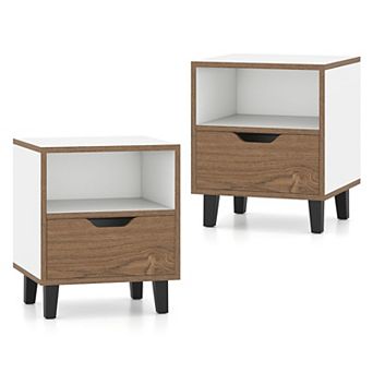 2 Pack Nightstand Set Wood Grain 3 tier Storage Drawer Open Shelf