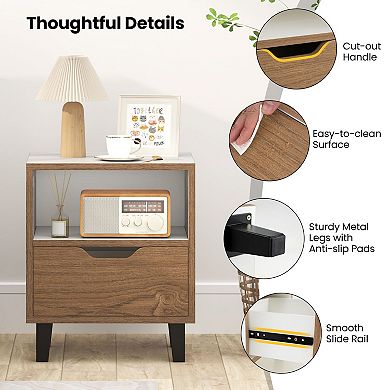 2 Pack Nightstand Set Wood Grain 3 Tier Storage Drawer Open Shelf
