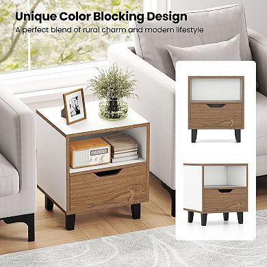 2 Pack Nightstand Set Wood Grain 3 Tier Storage Drawer Open Shelf