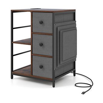 Nightstand with Charging Station and Fabric Drawers Industrial Side Table