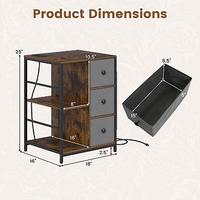 Nightstand with Charging Station and Fabric Drawers Industrial Side Table