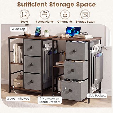 Nightstand with Charging Station and Fabric Drawers Industrial Side Table