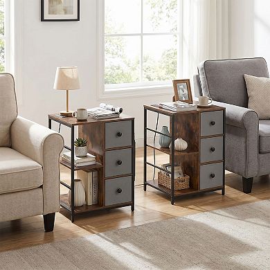 Nightstand with Charging Station and Fabric Drawers Industrial Side Table