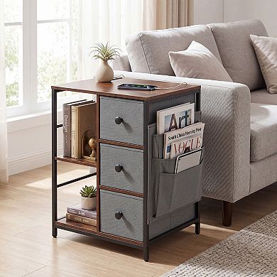 Nightstand with Charging Station and Fabric Drawers Industrial Side Table