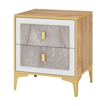 2 Drawer Nightstand MDF Metal Frame Marble Style Front Compact Bedside Table